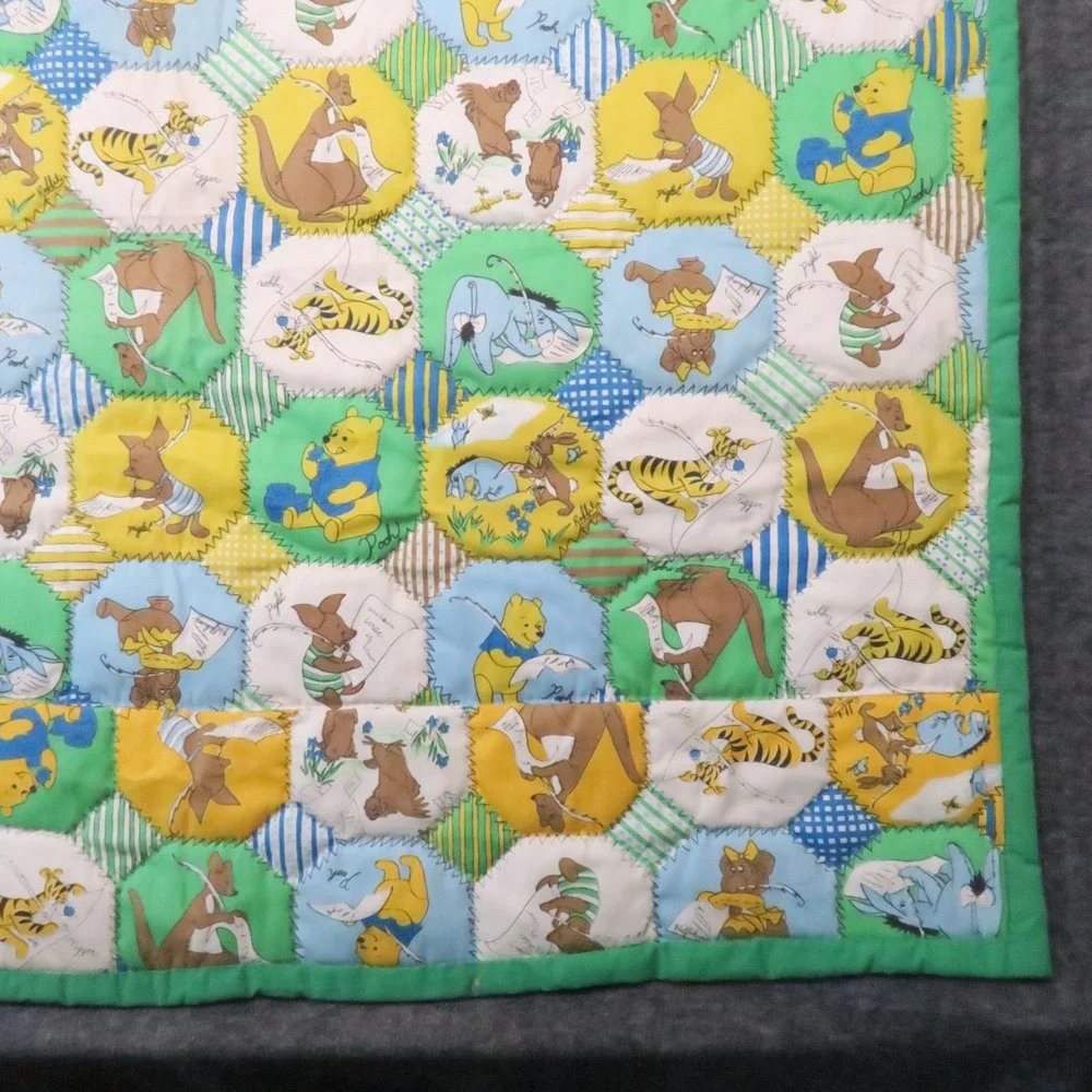 Winnie the Pooh Hexagon Patchwork Quilt Blanket 52x43 Green Nursery Crib Vtg 70s